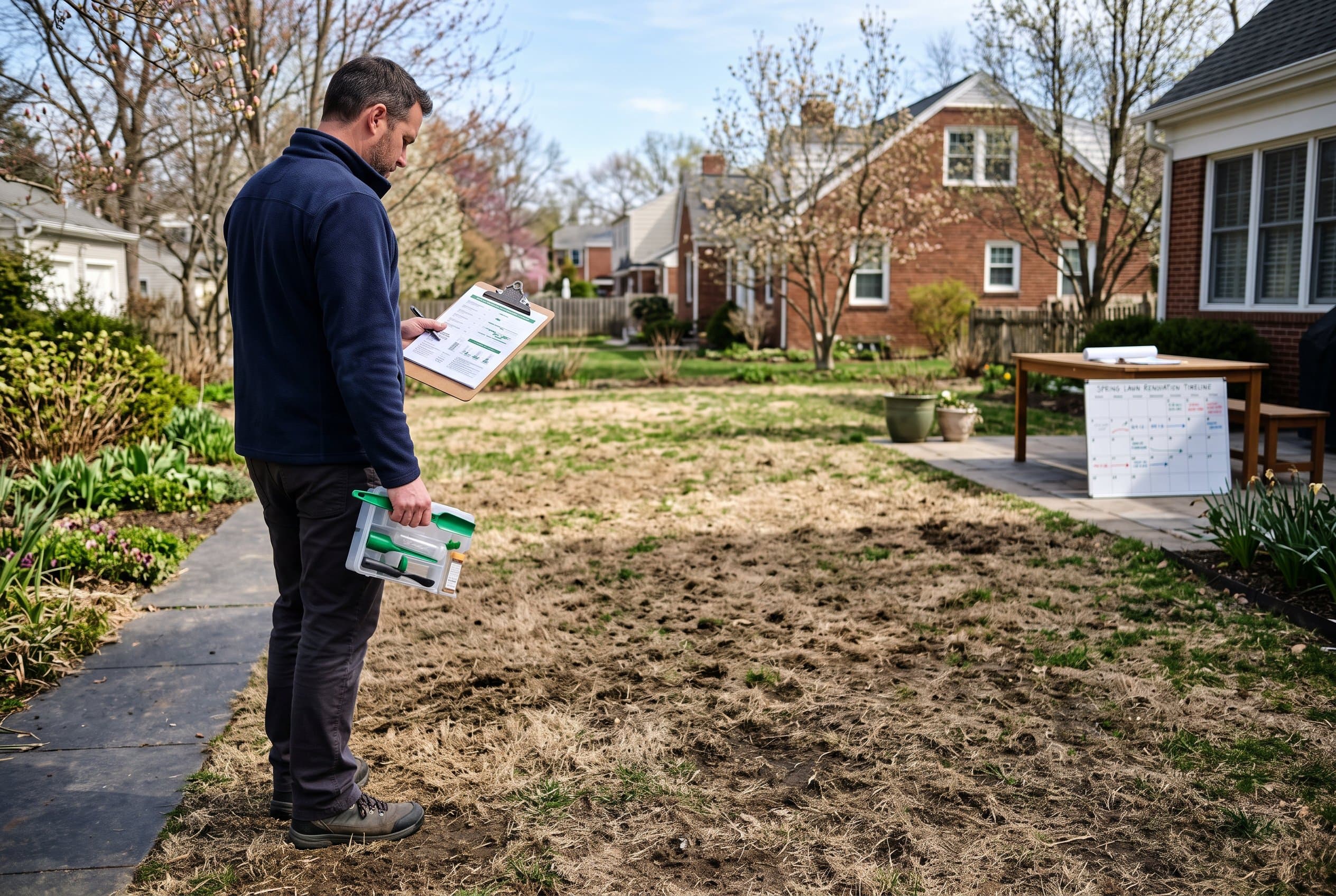 Professional landscaper measuring lawn area for spring lawn renovation planning