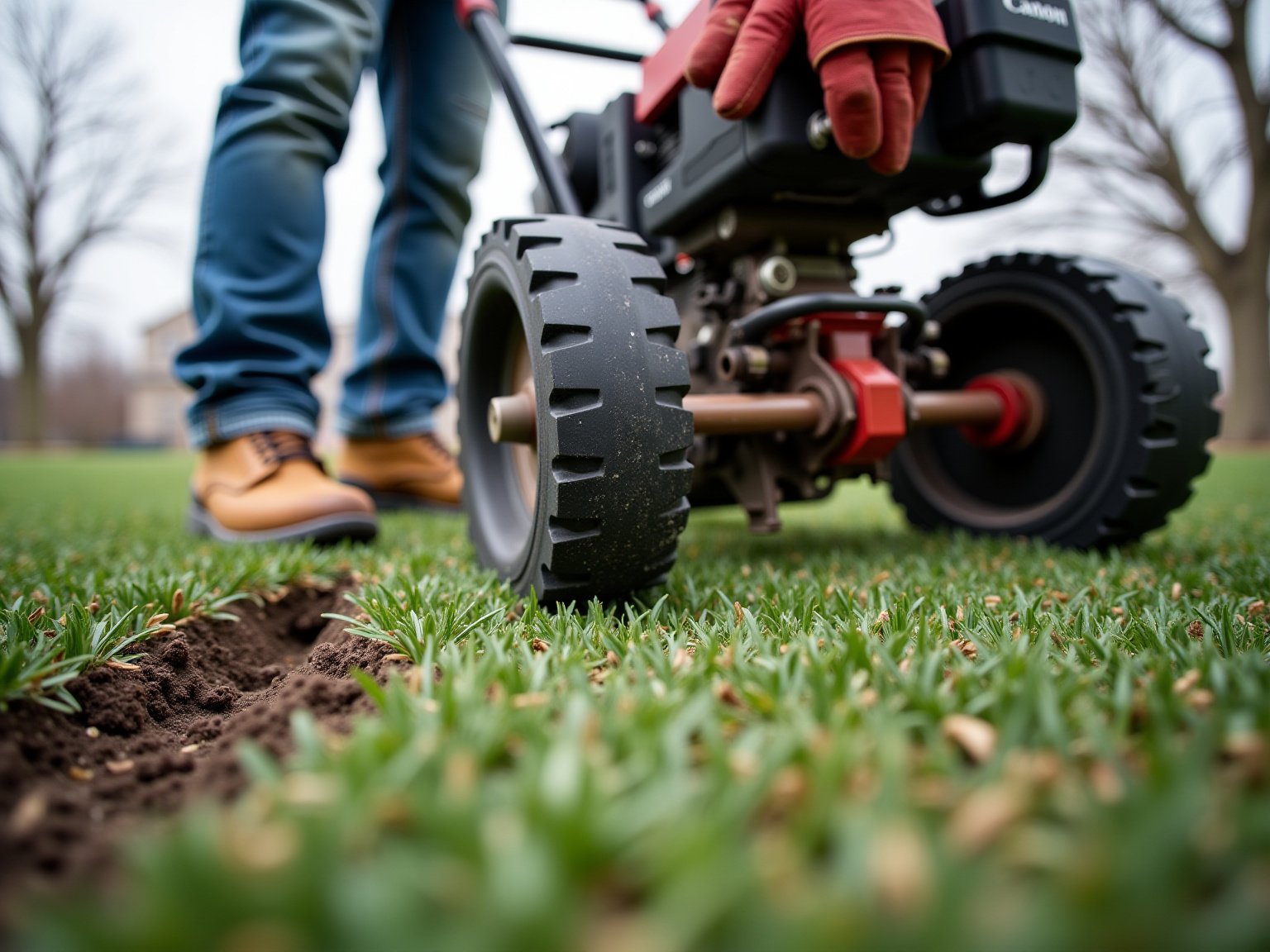 Close-up of lawn aeration holes showing soil plugs and grass roots