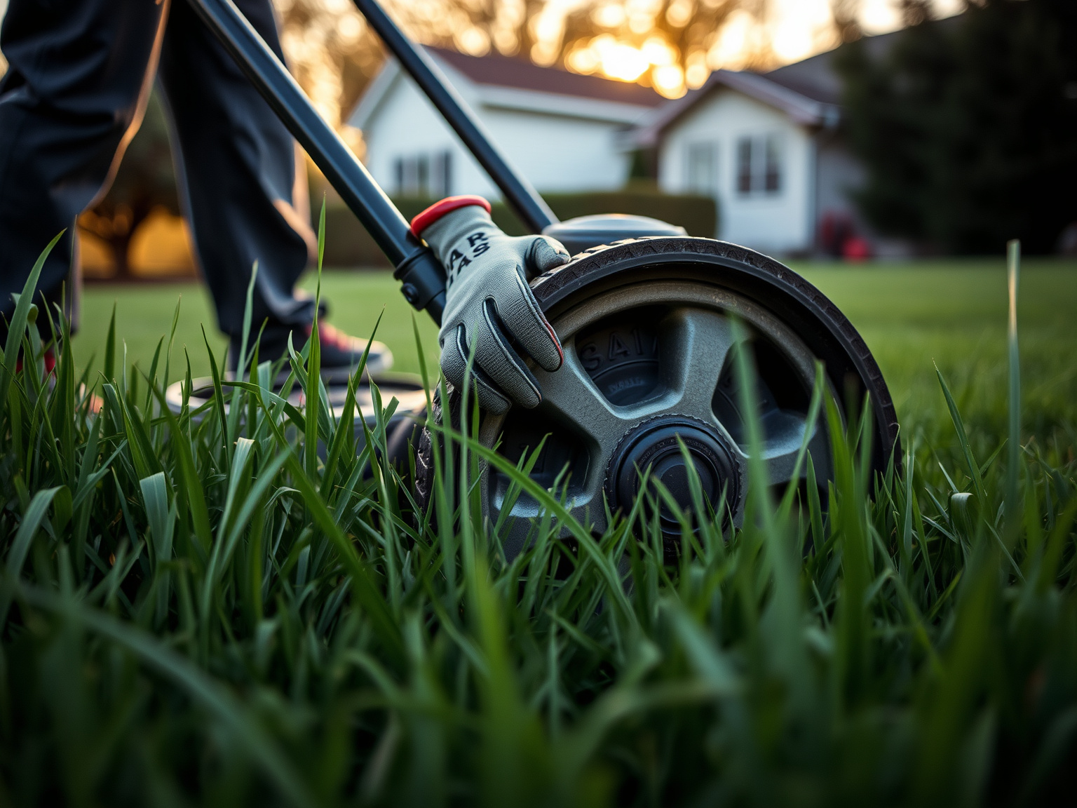 Person helping mow an overgrown lawn in a residential neighborhood