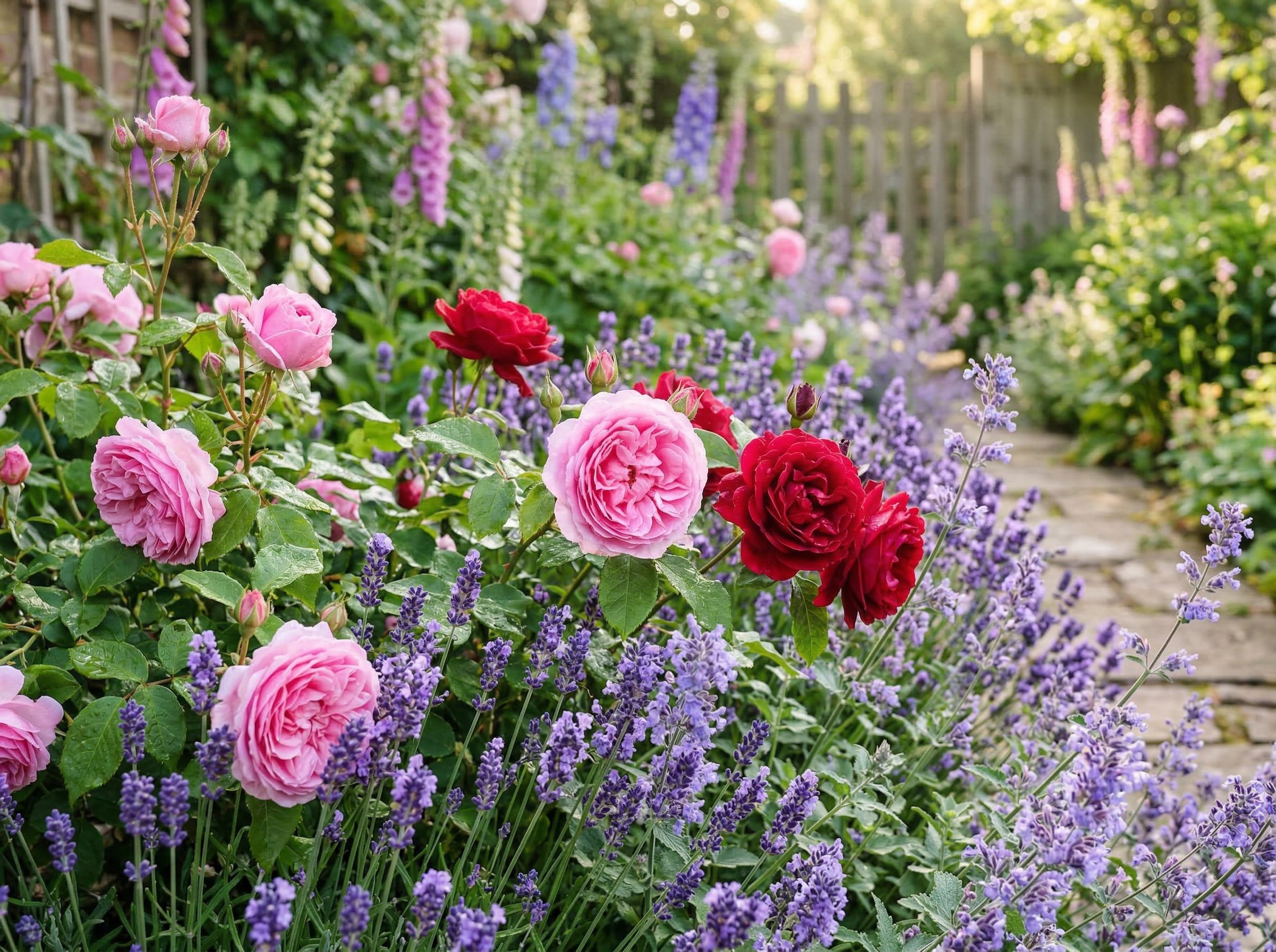 Close-up of lavender and salvia planted at the base of a climbing rose bush along a garden border