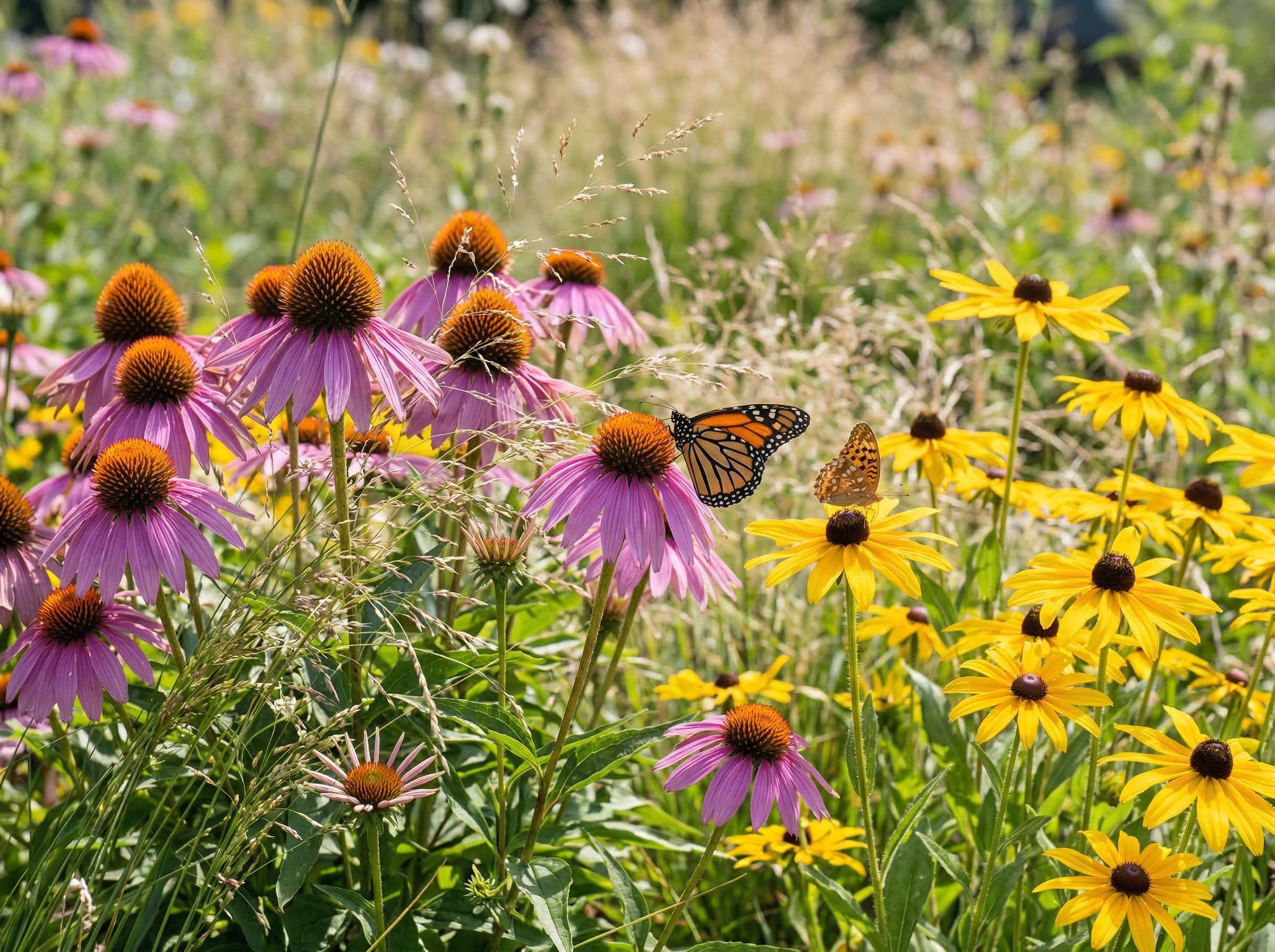 Close-up of a pollinator-friendly garden border with echinacea, rudbeckia, and little bluestem grass growing together in a sunny perennial bed