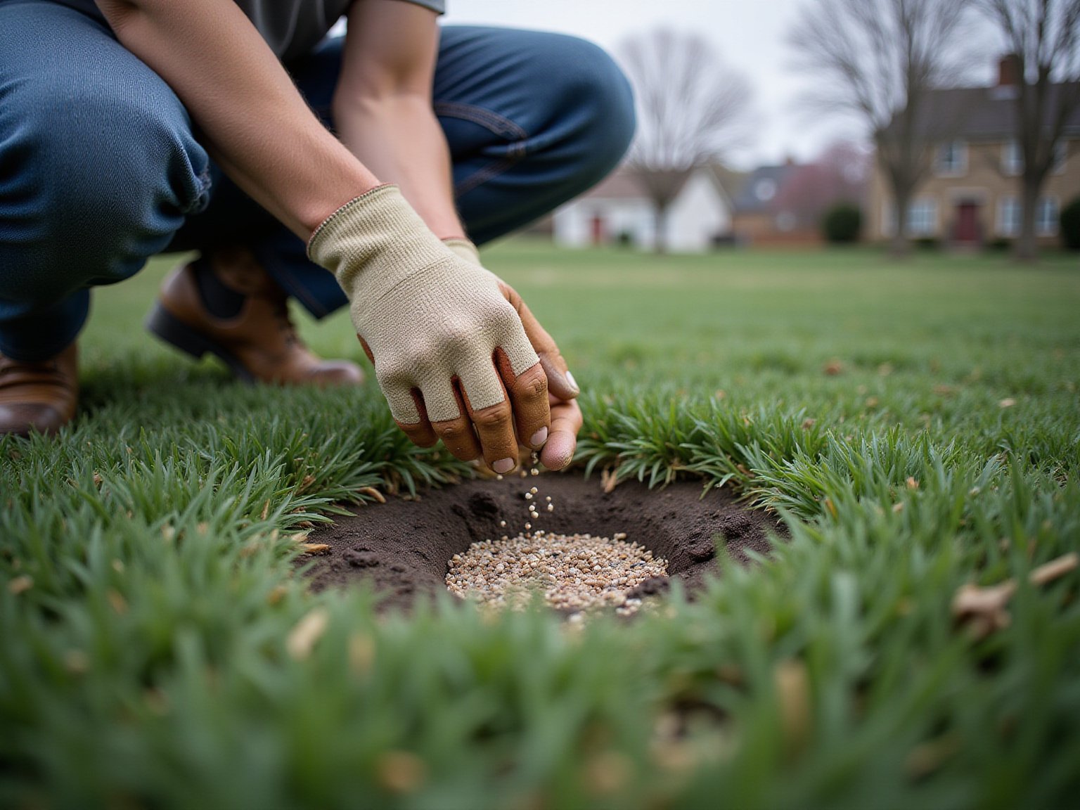 New grass seedlings emerging from soil during overseeding