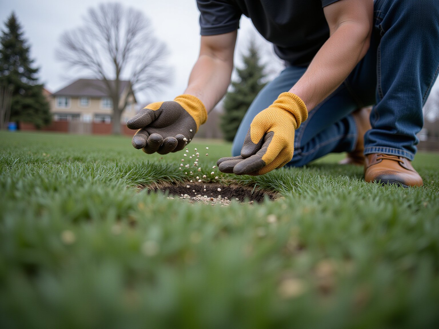 New grass seedlings emerging from soil during overseeding