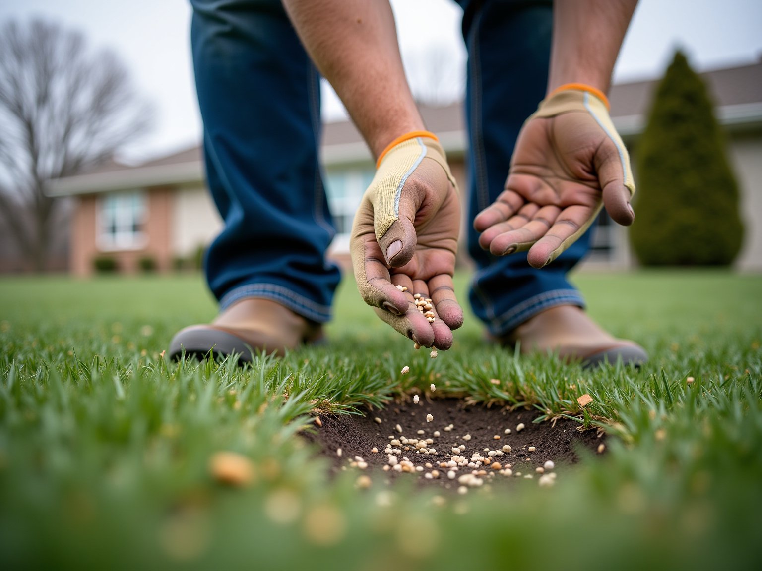 New grass seedlings emerging from soil during overseeding