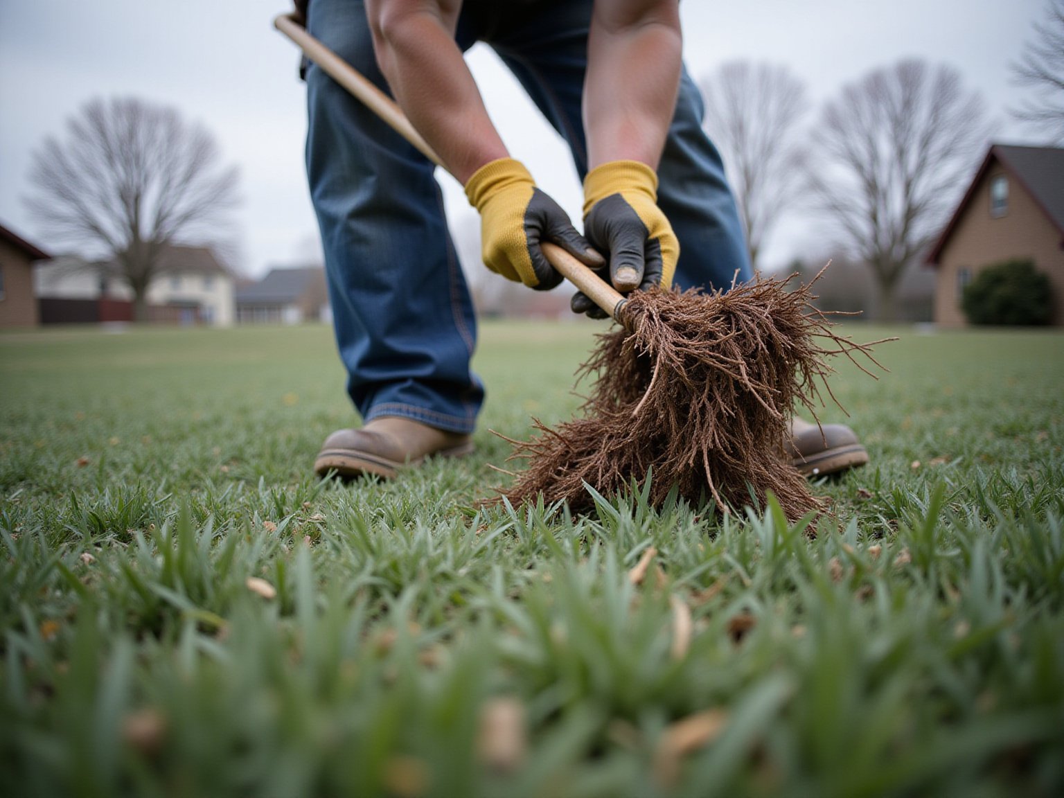 Lawn thatch layer exposed showing dethatching process
