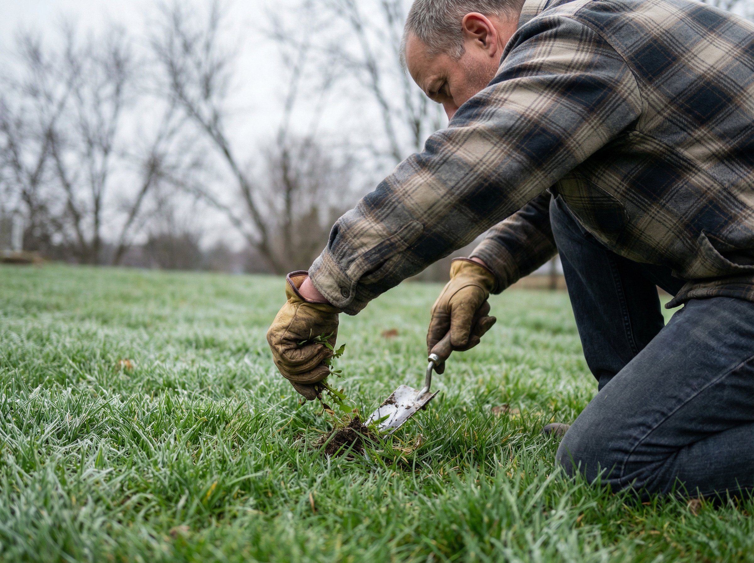 Detail view of how to fix bare spots in lawn technique on residential lawn