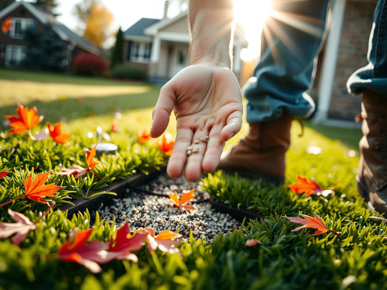 New grass seedlings emerging from soil during overseeding
