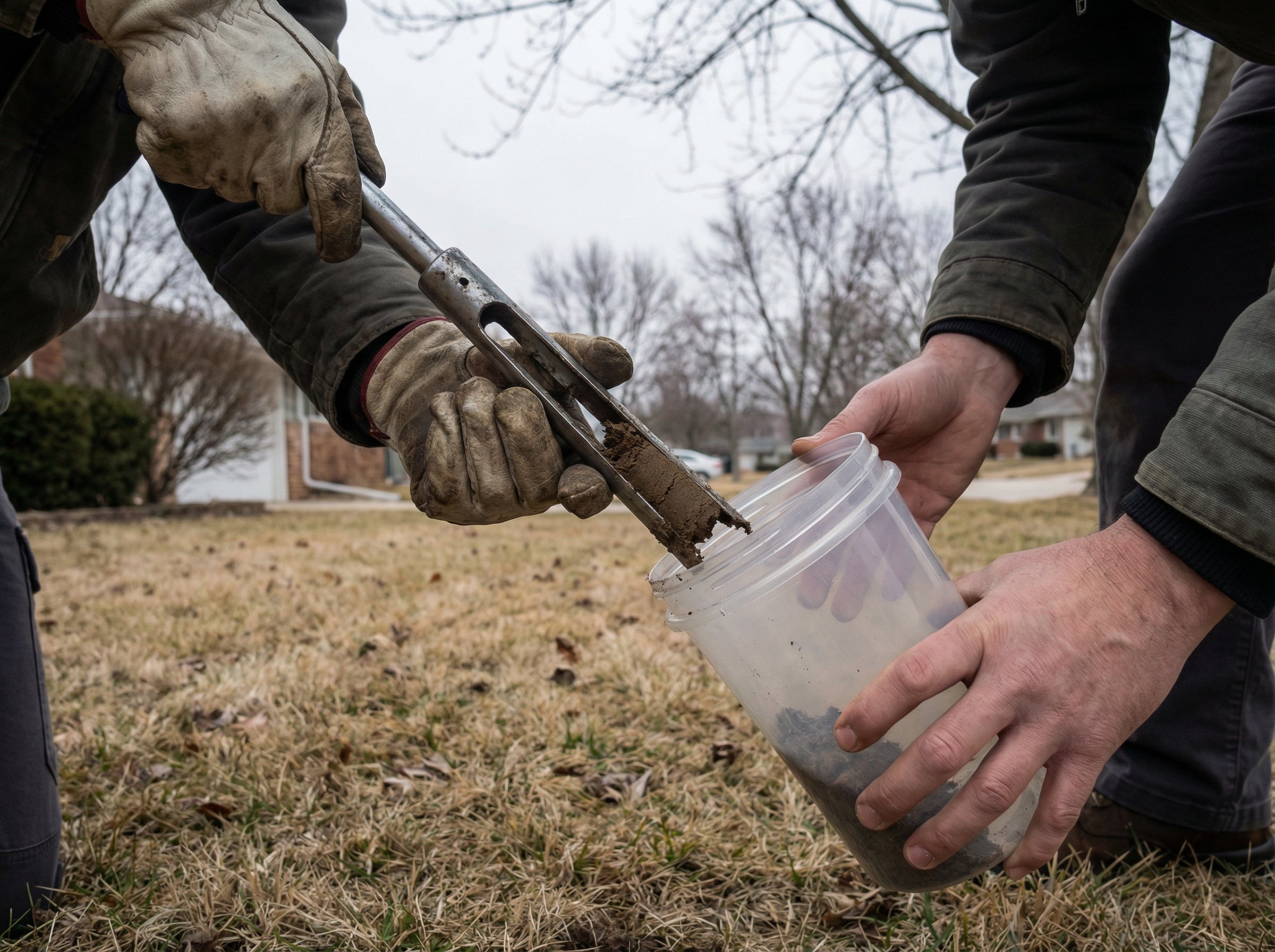 Detail view of how to test lawn soil technique on residential lawn