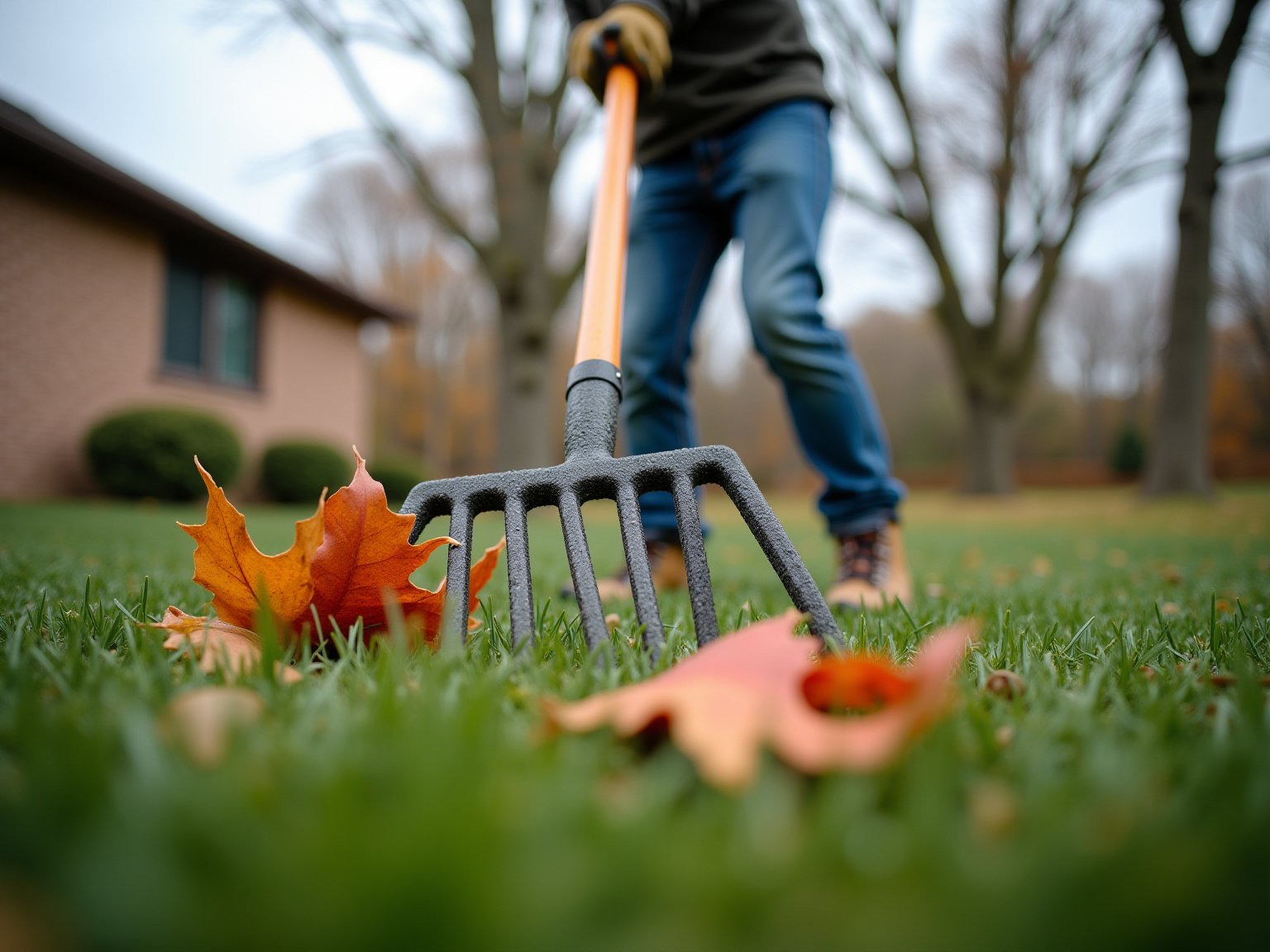 Detail view of leaf removal vs mulching technique on residential lawn