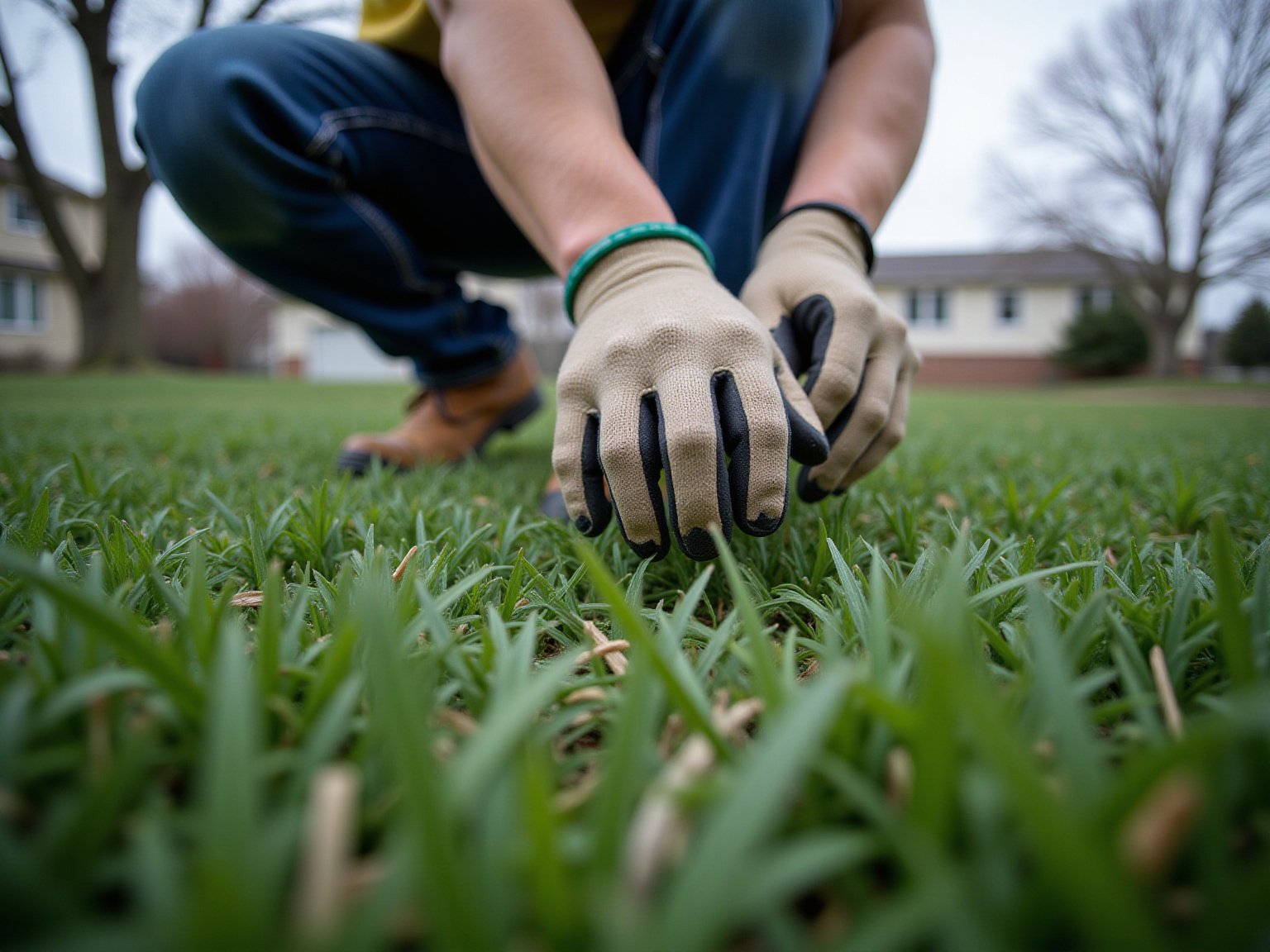 Detail view of preparing lawn for winter technique on residential lawn