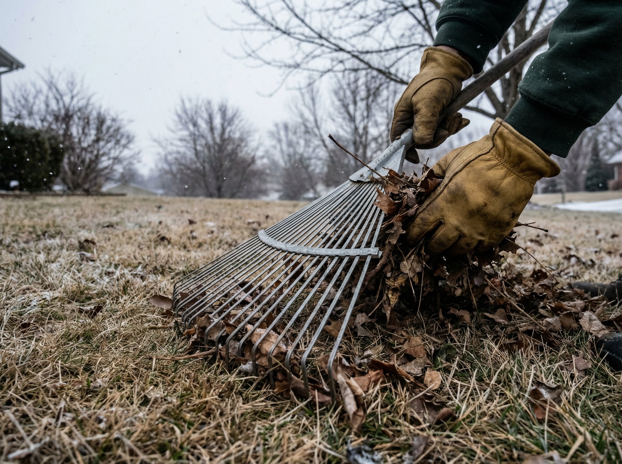 Detail view of protecting lawn from snow damage technique on residential lawn