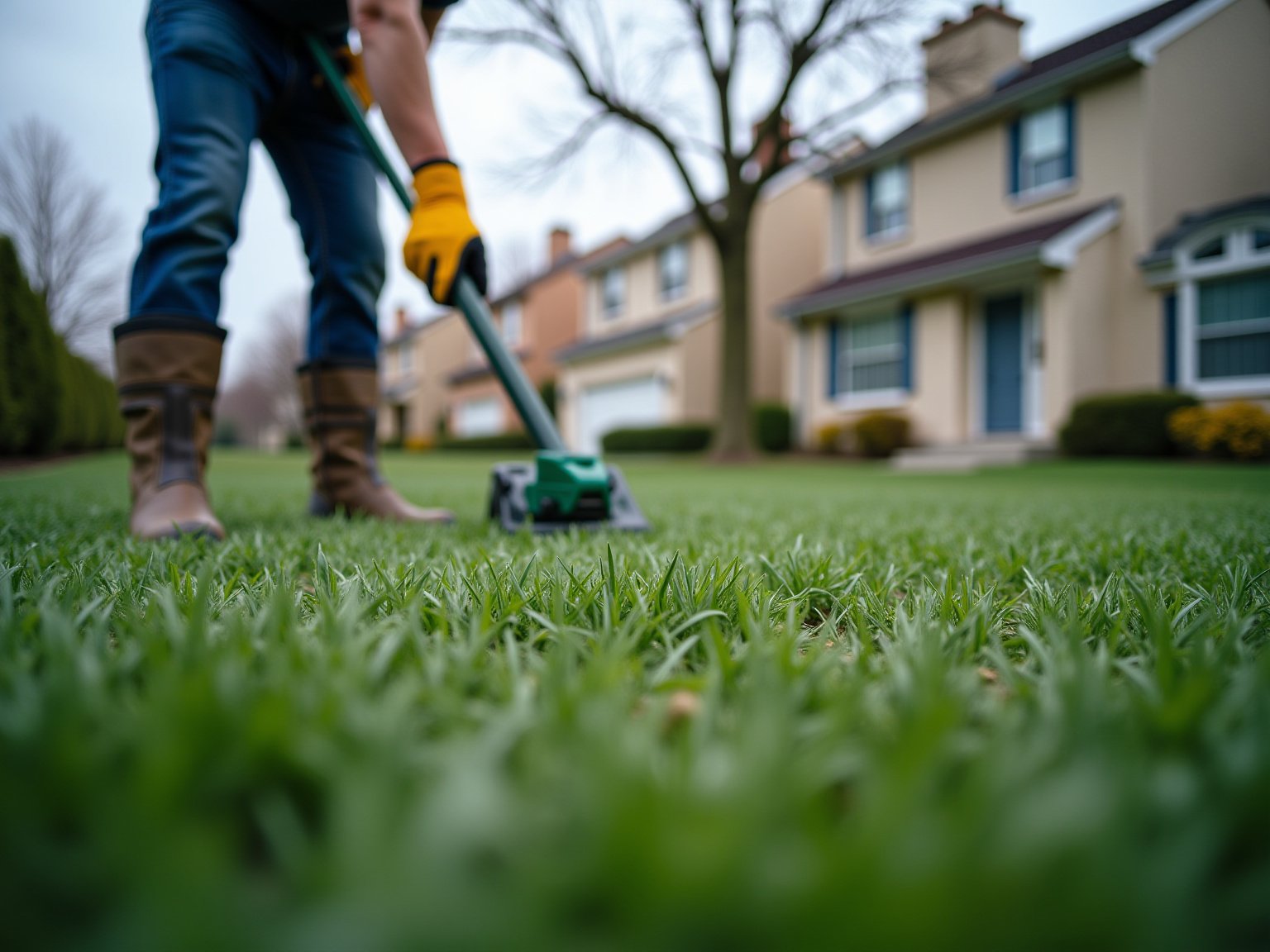 Detail view of spring lawn care tips technique on residential lawn