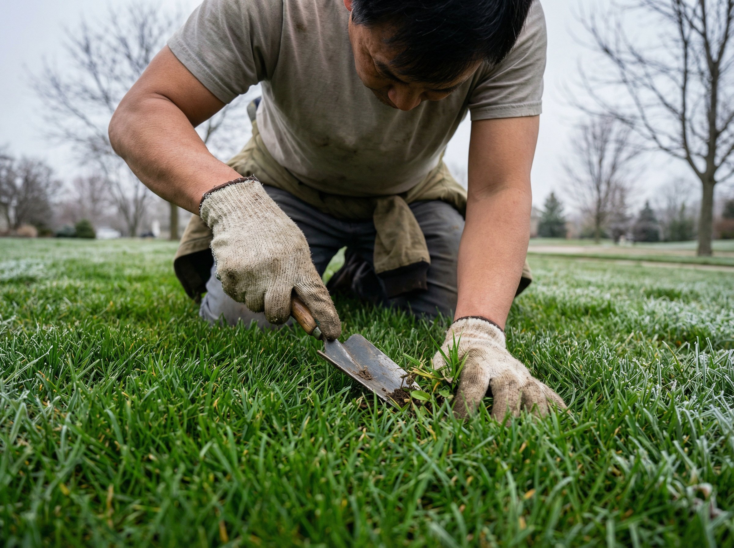 Detail view of when to apply grub killer technique on residential lawn
