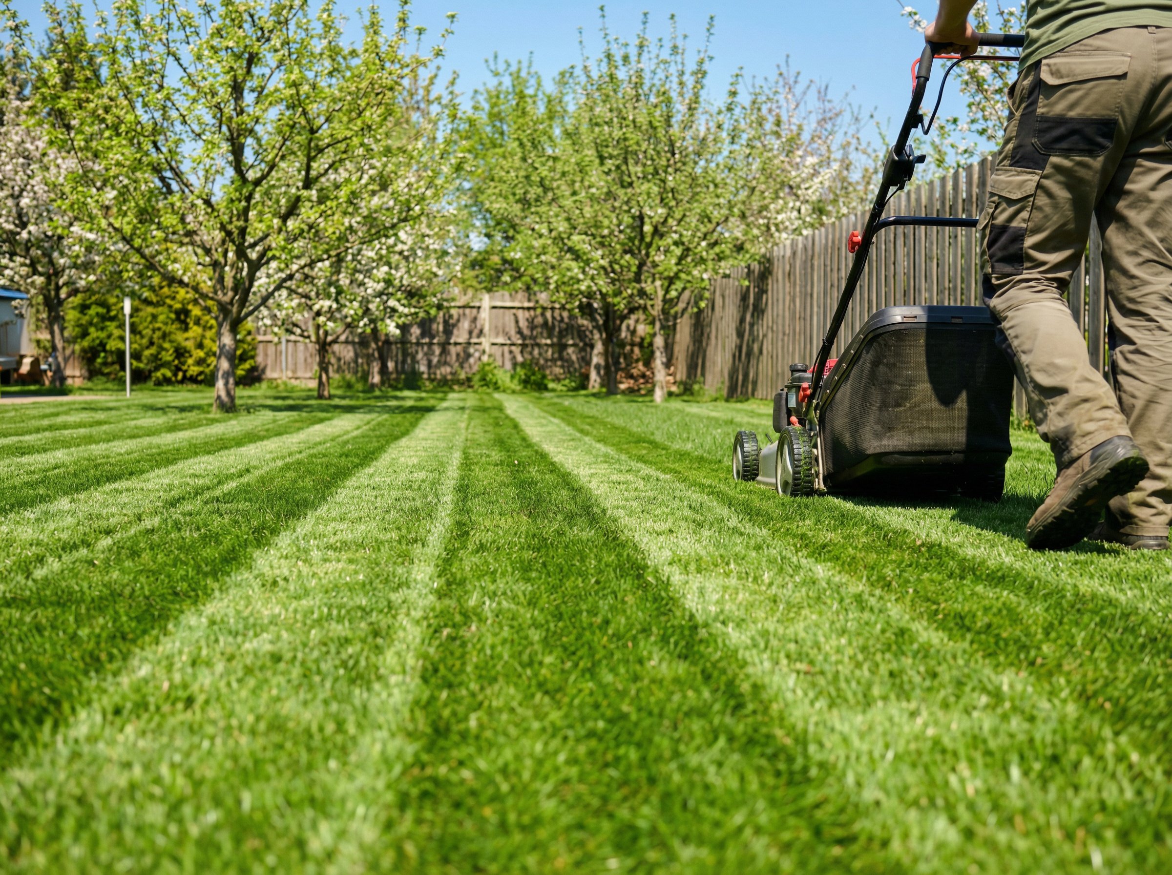 Freshly cut grass showing mowing pattern and blade detail