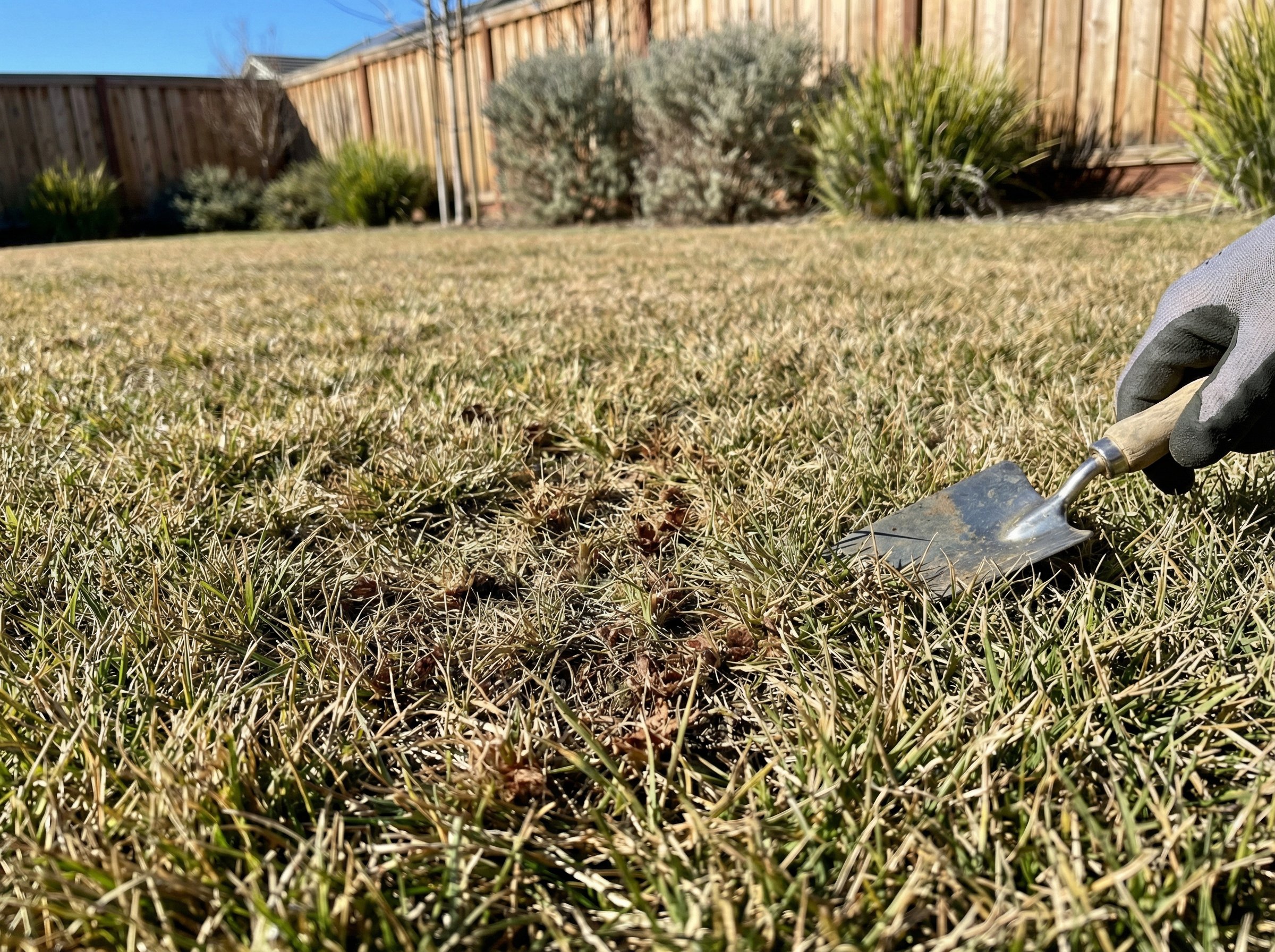 Professional landscaper inspecting brown, patchy California lawn for common pest damage and lawn problems