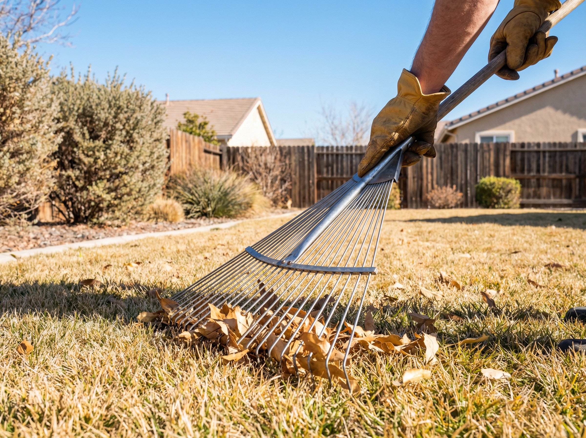 Professional landscaper applying fall fertilizer to lush California lawn with golden autumn light and Mediterranean-style bac