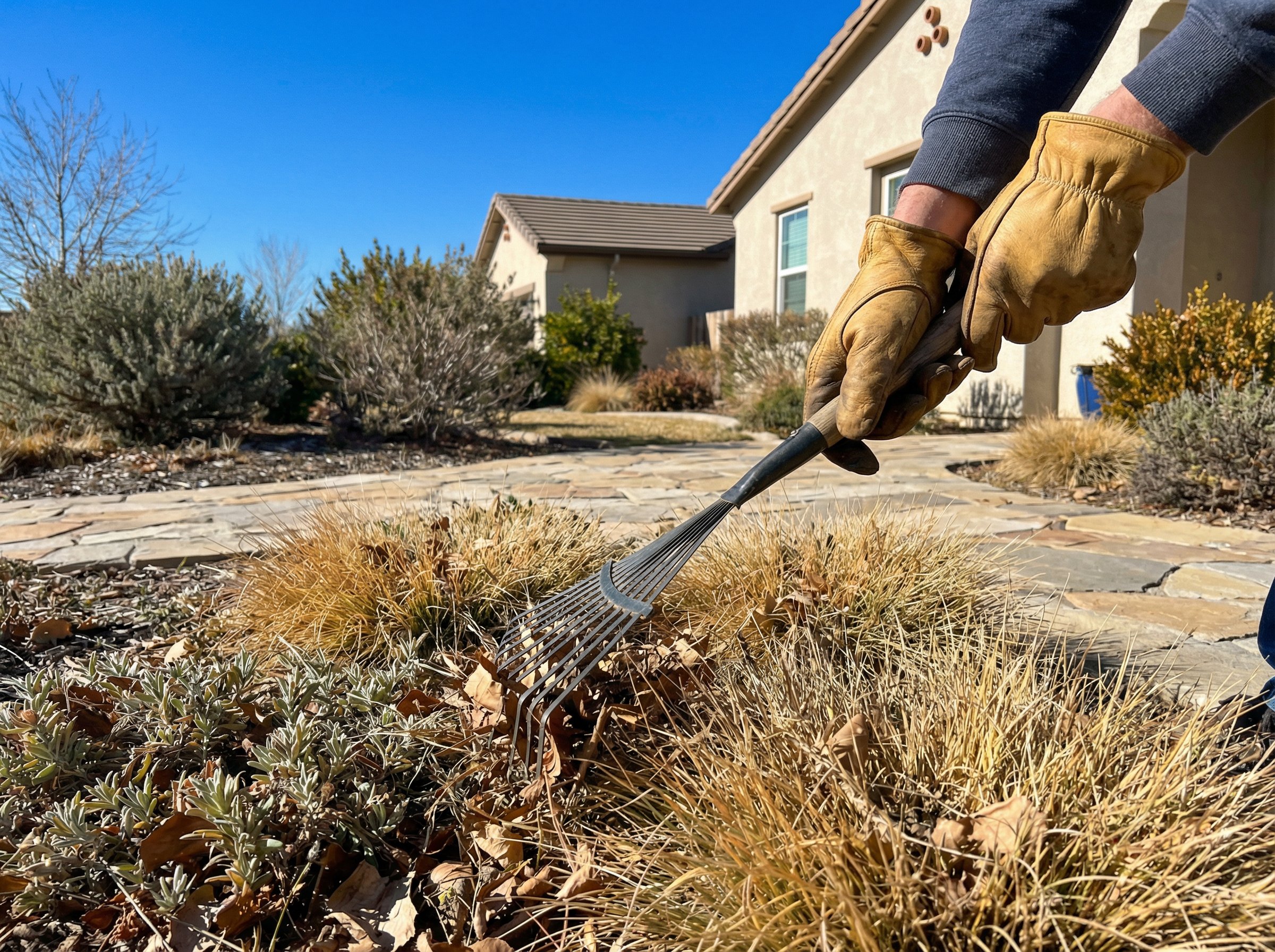 Professional landscaper spreading fertilizer on a lush green lawn in California with drought-tolerant grass varieties