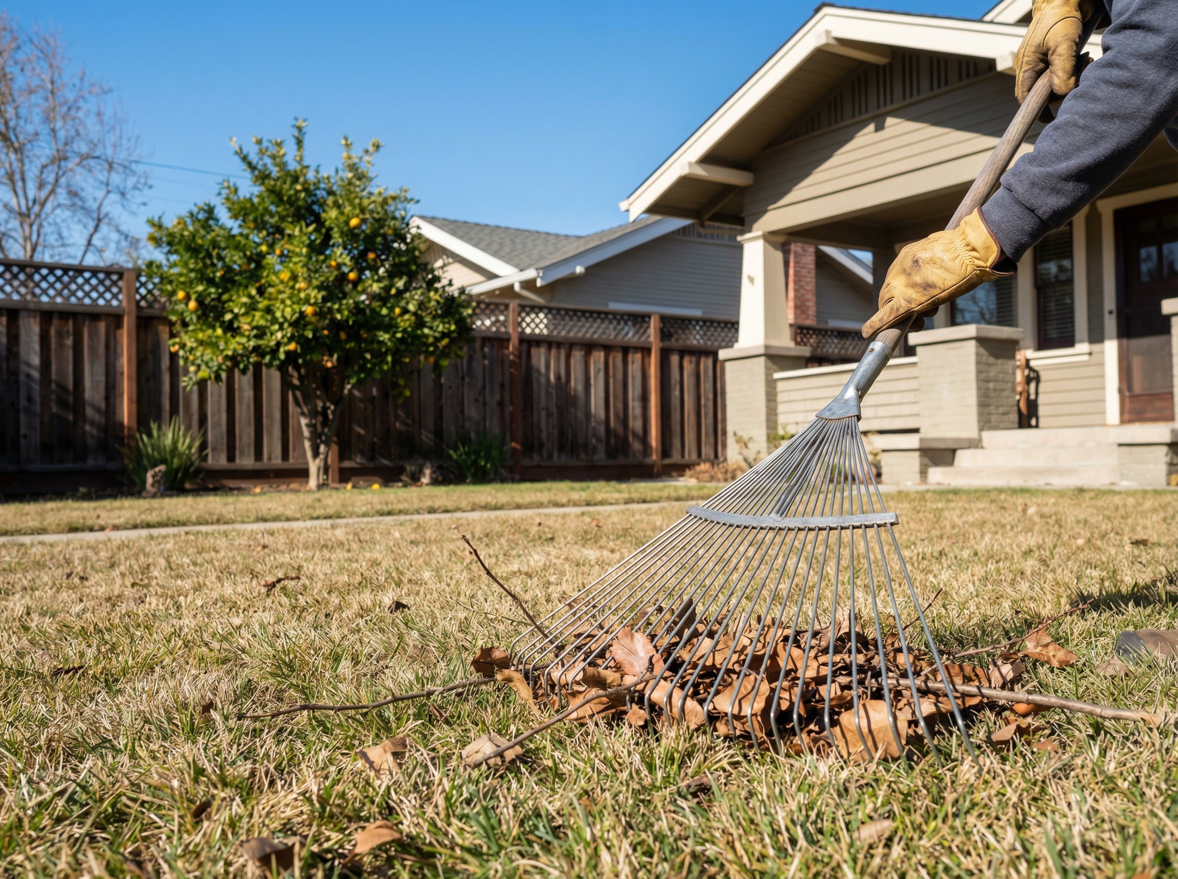 Professional landscaper inspecting lush green lawn in California during early spring with pruning tools and clipboard