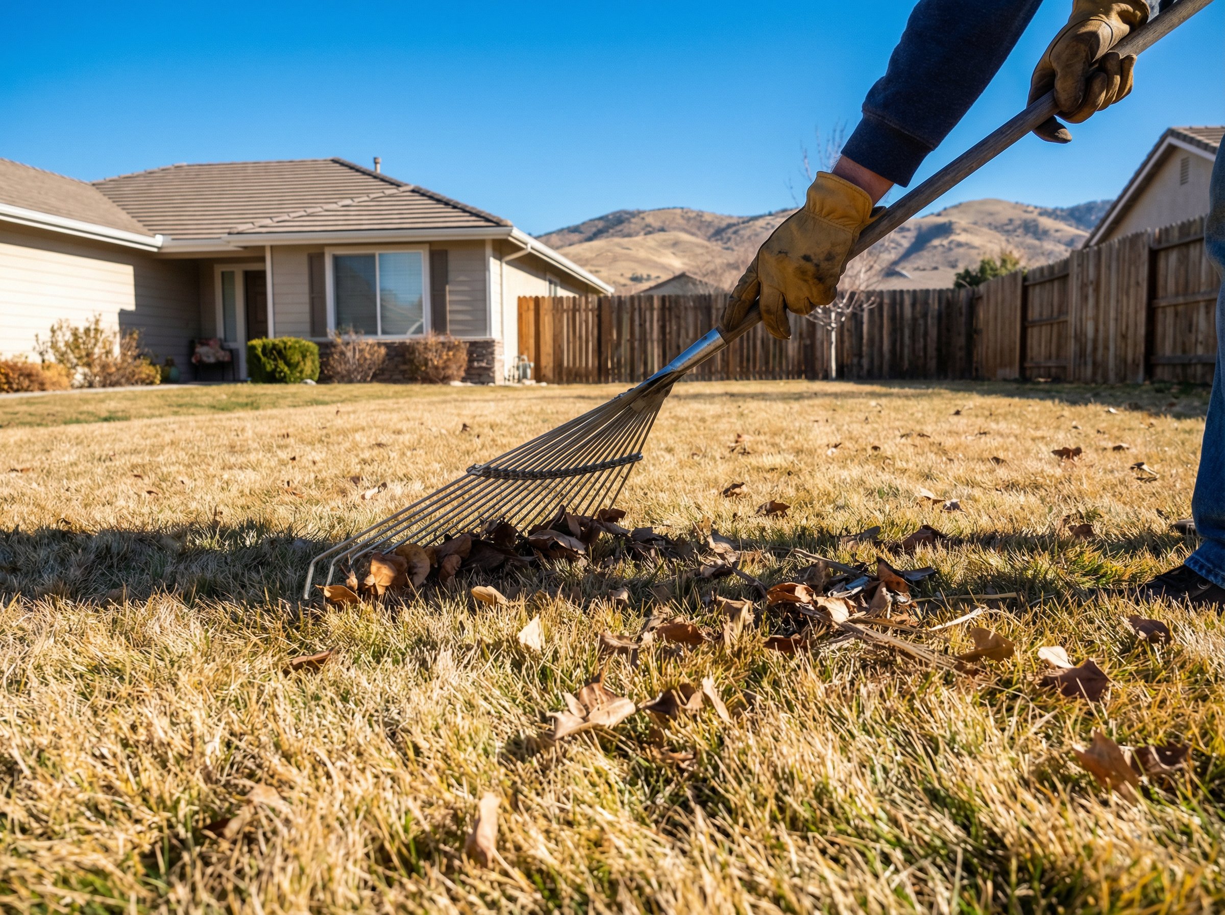 Professional landscaper mowing a lush green lawn in California during summer, demonstrating optimal grass cutting height for