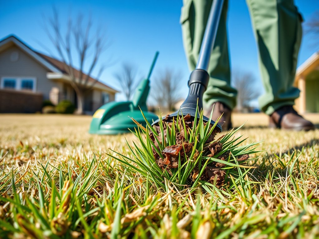 Close-up of brown patch disease affecting St. Augustine grass lawn in Texas, showing circular dead grass spots and yellowing 